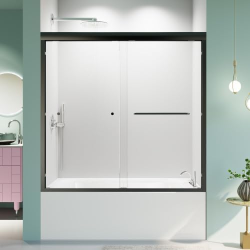 56"-60" W*58" H Semi-Frameless Double Sliding Tub Door, Bypass Bathtub Shower 1/4" (6mm) Thick SGCC Tempered Glass Door, Matte Black
