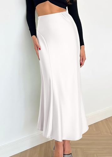 Image of KIRUNDO Women's Satin Maxi Skirt 2026 Summer Fall Trendy High Waisted Wedding Cocktail Party Work Silk A-Line Formal Skirts