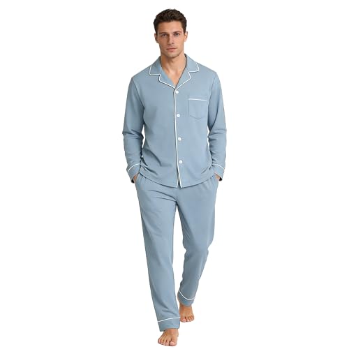 Image of U2SKIIN Mens Cotton Pajama Set, Soft Long Sleeve Pajamas for men Lightweight Button Up Sleepwear Lounge Pjs Set with Pockets