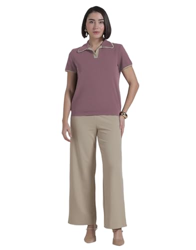Image of Selvia Lycra Co-ord Set for Women, Collar Neck Top and Beige Trouser Pant