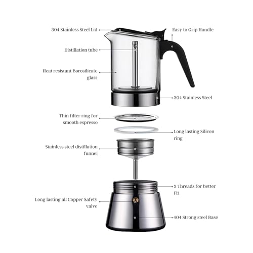 Image of Saiyam Classic Stovetop Espresso Maker for Great Flavored Strong Espresso 4 Espresso Cup Classic Italian Style Espresso Moka Pot Borosilicate Glass and Stainless Steel Built(200ml, Silver)