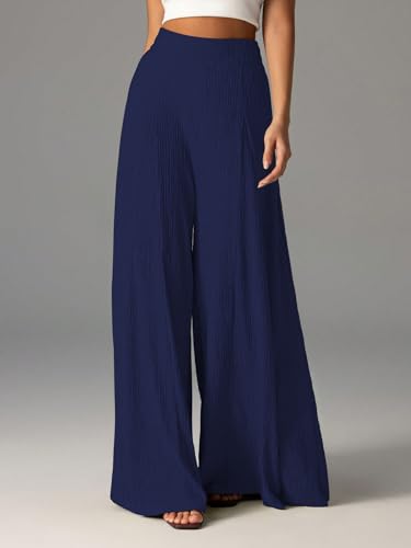 Image of Shasmi Women's Elegant High Waist Wide Leg Pants - Textured Solid Color Loose Fit Long Trousers | Casual Beach & Airport Outfit | Lightweight Flowy Palazzo Style (Trouser 259)