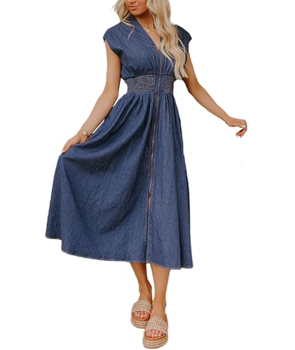 SOMTHRON Ärmelloses Denim-Midikleid für Damen, V-Ausschnitt, Reißverschluss, gesmokte Taille, A-Linie, Schlitz vorne, langes Jeanskleid,...