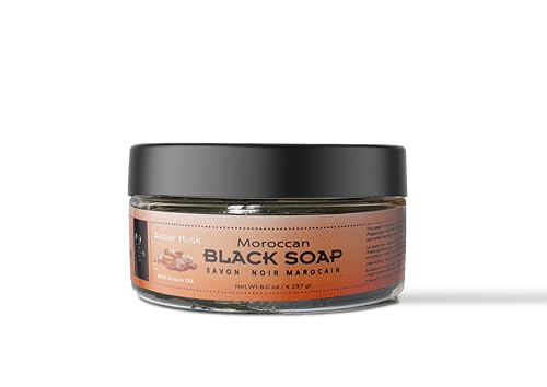 Zakia's Morocco Black Soap (Beldi Soap) with Amber Musk - 100% natural Moroccan Black Soap, Body Scrub, Pure & Natural, Purifying, Cleansing, exfoliating for Hammam Ritual- 8.0 Oz / 226gr