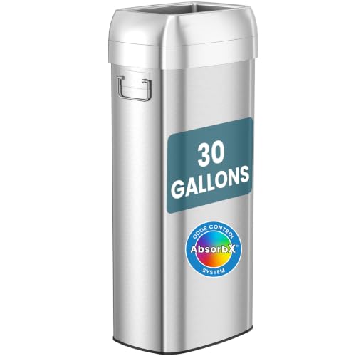 Image of iTouchless 30 Gallon 114L Oval Open Top Stainless Steel Extra-Large Commercial Trash Can with Wheels, 2 AbsorbX Odor Filters | ADA Compliant Bin for Restaurant Restroom Hotel Office Healthcare Retail