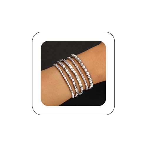 Inilbran Boho Stratificato Perline Mano Bracciale Argento Quadrato Cerchio Imbracatura Catena Vintage Rotonda Perline Catena Schiava Tratto Elastico Impilabile Gioielli Per Le Donne