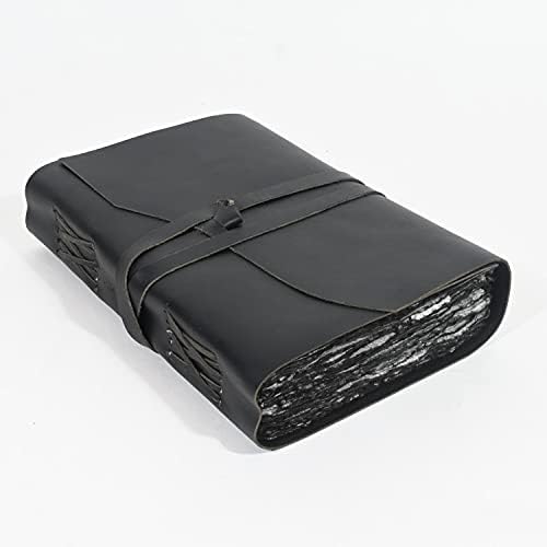 Vintage Black Leather Journal - 200 Pages Gray Deckle Edge Rustic Paper, Unlined Pages Book of Shadows, Grimoire, Junk Notebook, Fantasy Medieval Gifts, Sketchbook, Scrapbook (Raven Black, 9"x6")