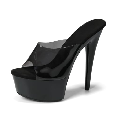 WUXIN H&P Women's 6in Black Platform High Heels Sexy Stiletto Pole Dance Exotic Sandal Shoes, 15cm Open Toe Transparent Strap Comfortable Dress Shoes Slip on Mules
