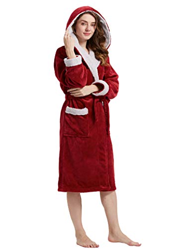 Women's Hooded Robes Women Long Robes Soft Fleece Winter Warm Housecoats Womens Bathrobe Dressing Gown Sleepwear Pajamas Top (Red, Medium)