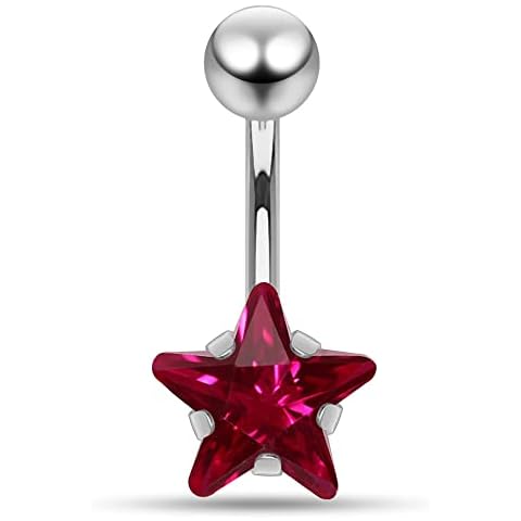 AZARIO LONDON Red Star CZ Stone 14 Gauge 316L Surgical Steel Belly Bar Piercing Jewellery Cover