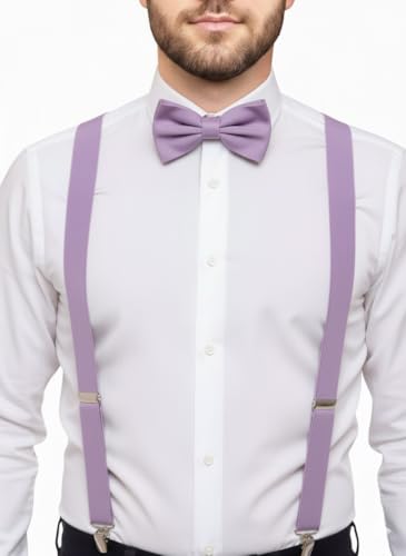 trilece Suspenders for Men with Bow Tie - Adjustable Elastic 1 inch Wide Y Shape - Womens Suspender and Bowtie - Strong Clips