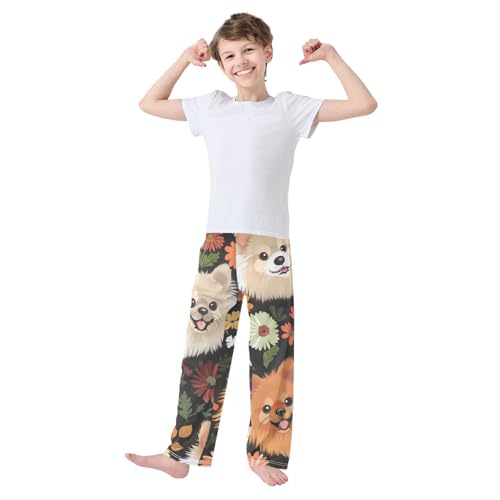 Pomeranian Florals Boys Long Pants Soft Trousers Elastic Waist Kids Lounge Bottoms with Pockets S-XL2