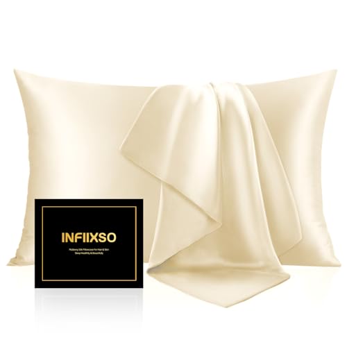Image of INFIIXSO Silk Pillow Cases 2 Pack Standard Size, Ultra Smooth & Soft Mulberry Silk Pillow Case for Hair and Skin, Breathable Cooling Silk Pillowcase with Hidden Zipper (Ivory, 20x26 Inches)