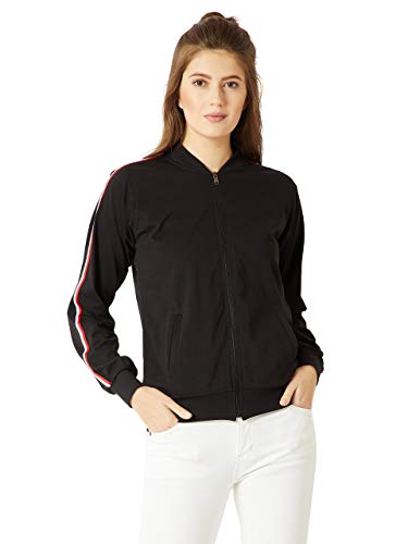 Image of Miss Chase Women's Black Round Neck Full Sleeves Solid Zippered Twill Tape Detailing Bomber Jacket