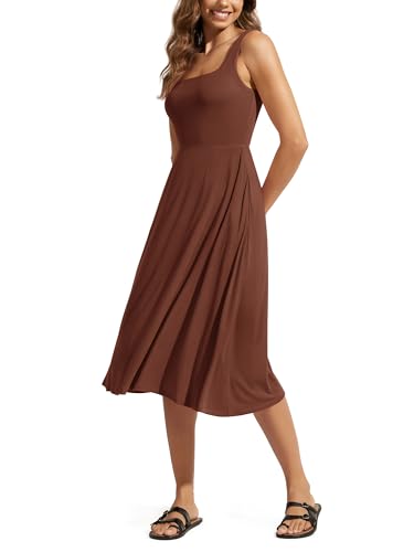Image of ODODOS Square Neck Midi Dress with Pockets for Women Summer Casual Sleeveless Sundress Flare Tank Dress