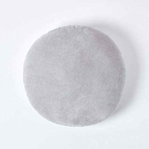 HOMESCAPES Coussin Rond 40 cm en Velours Pur Coton Doux uni Gris Clair, décoration canapé ou Fauteuil