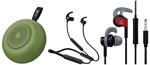 Image of boAt Rockerz 255 Pro+ in-Ear Bluetooth Neckband Active Black & Bassheads 242 in Ear Wired Earphones with Mic(Active Black) & Stone 135 Portable Wireless Speaker(Soldier Green)
