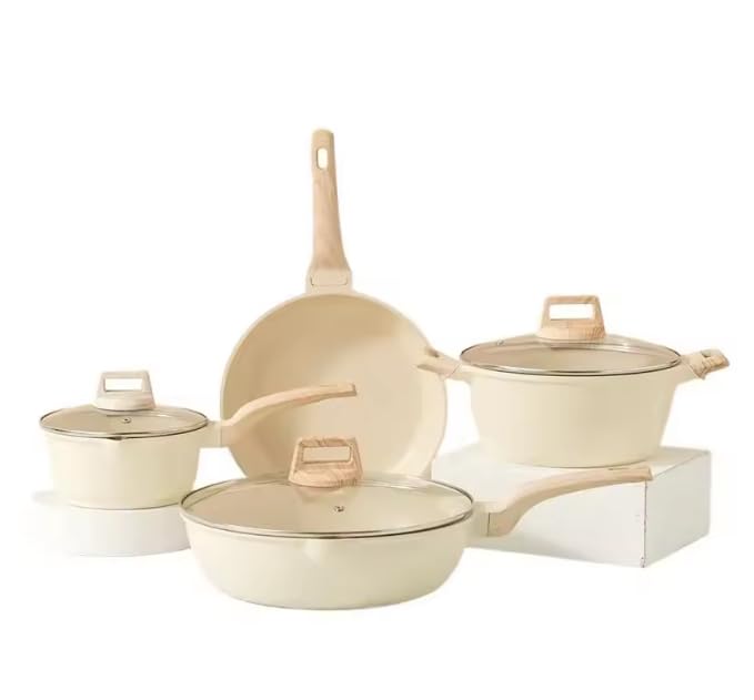 Jogo de Panelas 6 Peças Antiaderentes de Alumínio Nanocerâmica Marmorizada com Tampas de Vidro, Cabos Emborrachados Desenho de Madeira, Panelas 24cm e 18cm, Frigideiras 24cm e 28cm, Cozinha Completa