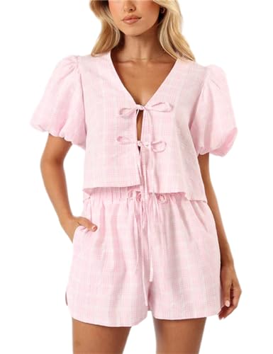 Image of Yuemengxuan Women Y2k Two Piece Plaid Lounge Sets Puff Sleeve Tie front Blouse Top High Waist Shorts Casual Pajamas Sets