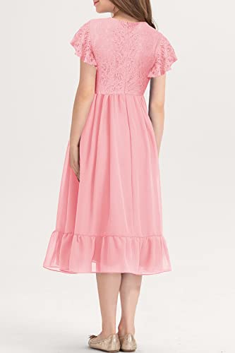 MITILLY Girls Elegant Lace Flower Crew Neck Ruffle Chiffon A-Line Flowy Birthday Party Midi Dress 8 Years Pink - Thumbnail 4