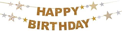 BIEUFBJI Shiny Happy Birthday Banner with Star for Party Decorations Supplies(Gold)