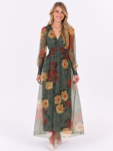 ANRABESS Women's Floral Maxi Dress 2025 Fall V Neck Puff Long Sleeve Flowy Casual Wedding Guest Tee Party Tulle Dresses3