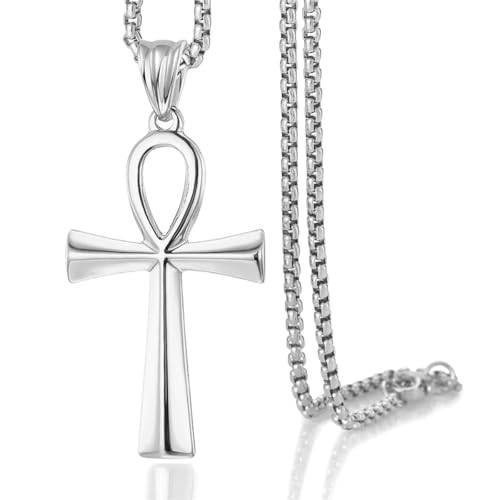 SAELACY Ankh Cross Pendant Necklace for Womens Mens Gold Black Silver Tone Stainless Steel Rolo Curb Chain (SILVER chain length:20)