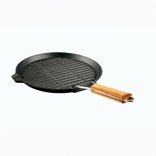 Baumalu, Grill Rond en Fonte 25 cm avec Manche Rétractable en Bois, Noir - Compatible tous feux & induction, idéal pour cuisson saine et uniforme, parfait pour...
