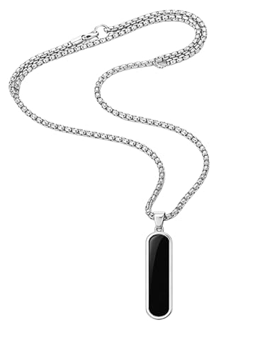 Image of Men's Stainless Steel Pendant Chain | Anti-Tarnish Silver Geometric Pendant Chain with Black Enamel Locket | Premium Stylish Neck Chain for Boys & Men | Durable Daily Wear Jewellery Gift for brother, Boyfriend and Husband