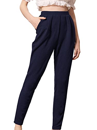 Image of Milumia Girl's Casual Elastic High Waisted Pocket Long Tapered Pants Solid Trousers Navy 8-9 Years