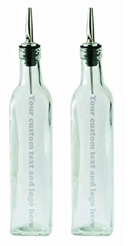 ANY TEXT, Custom Customized Engraved SET OF 2-16 Oz. (Ounce) Oil Vinegar Cruet, Square Tall Glass Bottle w/Stainless Steel Pourer Spout - Personalized Laser Engraved Text Customizable Gift