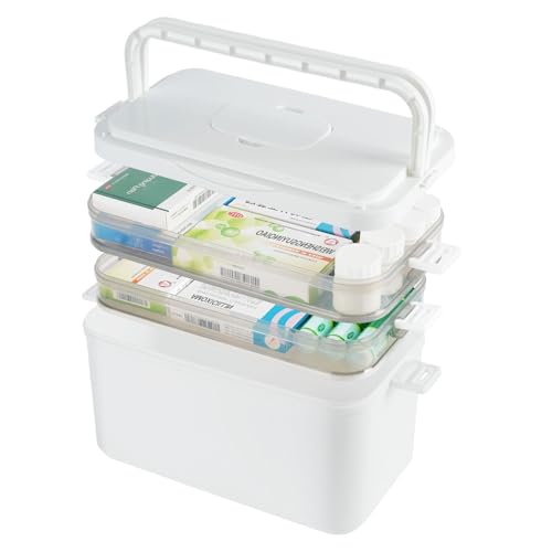 3 Layer Medicine Storage Box Organiser with Handle Portable Medicine Container First Aid Box Empty Household Medication Storage Box Medical Organiser for Home Cabinet Office Travel Car School