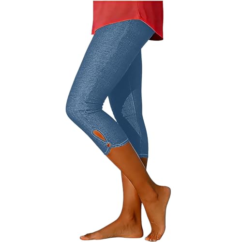 Générique Leggings Femme Effet Jean Pantalon Capri 3/4 Imitation Denim Extensible avec Motif Pétales Ajourés Y2k Streetwear Pantalon De Travail Taille...