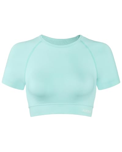 Image of AUROLA Influence Women Crop Top Short Sleeve Compression Workout T-Shirt | Raglan Short Sleeve Crop Top, High-Stretch Seamless Knit, Stay-Put Ribbed Underband, Soft Breathable Comfort