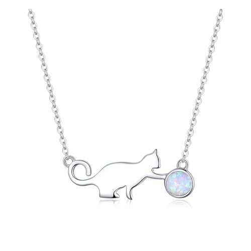 Collier chat argent 925 anti-allergie avec pendentif opale durable