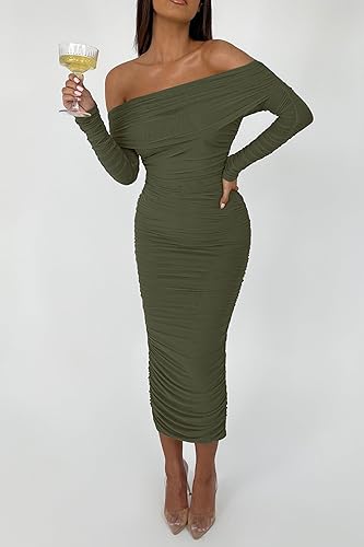 PRETTYGARDEN Women's Fall Off The Shoulder Maxi Dress Spring Long Sleeve Ruched Fitted Bodycon Club Dresses with Slit