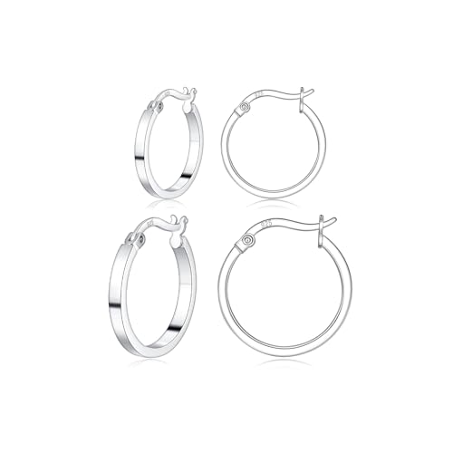 3 Pairs 925 Sterling Silver Hoop Earrings for Women 14K White Gold Plated Hypoallergenic Small Silver Hoop Earrings for Women Men 13/15/20mm