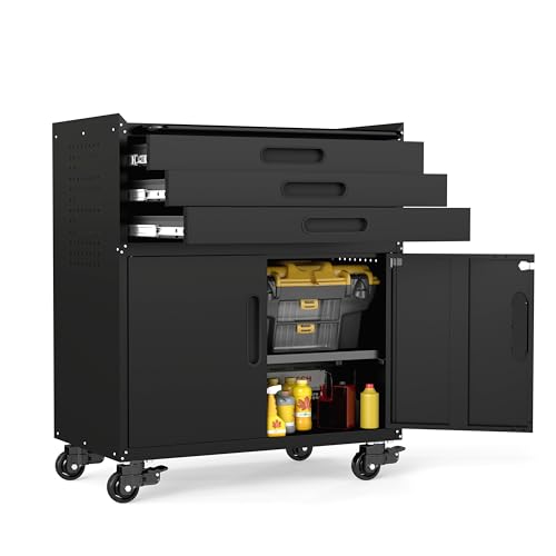 VIYET Garage Storage Cabinet, Metal Rolling Tool Cabinet with 2 Pegboard and 10 Hook, Heavy Duty Mechanics Tool Chest Storage for Workshop, Basement, Warehouse, Include Workbench Liner, Black