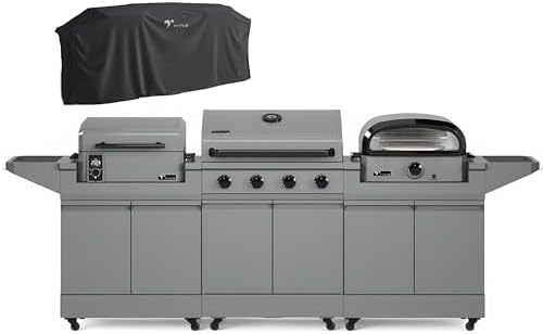 TYTUS Anaheim 4-Burner Gas Grill with Two Prep Carts, Pellet Smoker, and Pizza Oven with Cover - Outdoor Cooking Bundle, Quick Assembly, Grill for Outdoor Cooking, Kitchen Island for BBQ