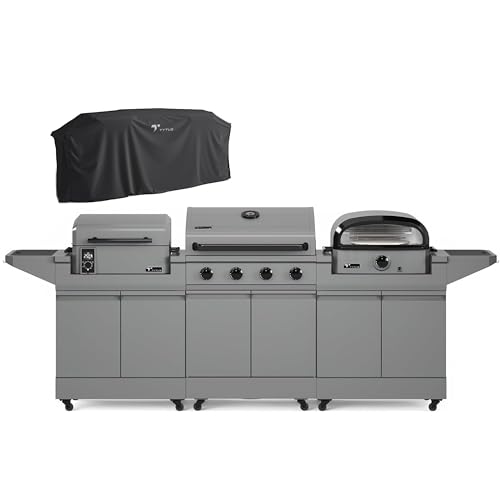 TYTUS Anaheim 4-Burner Gas Grill with Two Prep Carts, Pellet Smoker, and Pizza Oven with Cover - Outdoor Cooking Bundle, Quick Assembly, Grill for Outdoor Cooking, Kitchen Island for BBQ