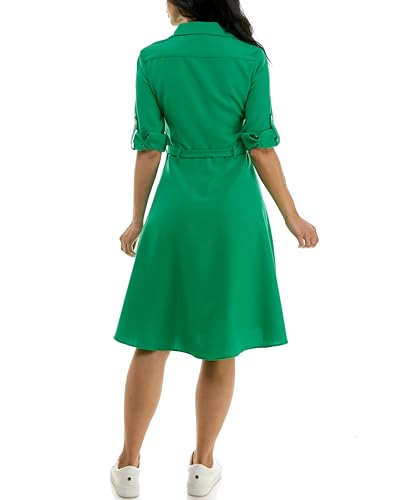 Image of Sharagano Women's Pleated Shirt Dress - 3 /4 Sleeve, V-Neck, Gold Buttons