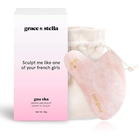 grace & stella Gua Sha Massage Tool, Rose Quartz, Face Sculpting, Lymphatic Drainage, Depuffing Cover