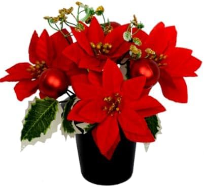 Homesecret Pack 1 Christmas Artificial Flowers for Graves in Pots | Bauble and Poinsettia | Cemetery Artificial Poinsettia Grave Flower Pots | Durable Grave Pot for Floral Arrangement Decorations. — image 1