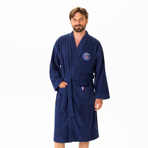 OMYDREAM PSG Peignoir homme avec poches Paris-Saint-Germain | 100% Coton | OEKO-TEX | Taille L | Bleu