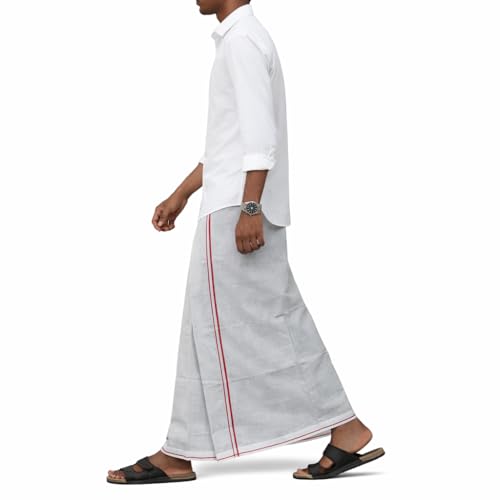 Image of Pure Cotton Dhoti for Men (1.28 x 1.87 m) | Solid Panchalu with Varied Small Color Border | Kerala Cotton Veshti, Khadi Dhoti | Lightweight Pooja & Temple Wear