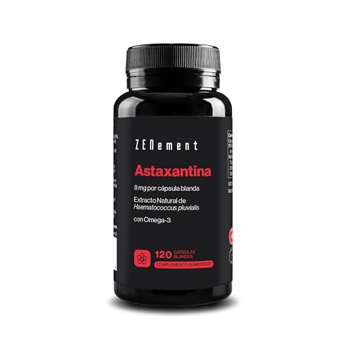 Astaxantina Natural Pura 8 mg de Haematococcus pluvialis - con Omega 3 para una Mejor Absorción - 10% de Astaxantina Pura - 120 Cápsulas Blandas - Zenement