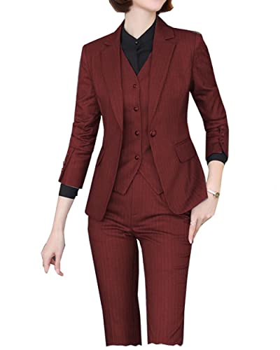 Women's 3 Piece Formal Slim Fit Business Work Jacket Stripe Suit Set(Blazer+ Pant+ Vest)