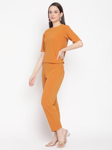 Image of Zima Leto Women's Orange Polyester Co-ord Set | Solid Short Sleeve Top with Matching Pants | Stylish Two Piece Outfit for Women | Modern Western Set for Work, Travel, Casual, Lounge & Daily Use