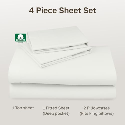 Image of California Design Den King Sheet Set - Natural 100% Cotton Sateen Sheets King Size Set with Deep Pockets, Soft Sateen Weave, Breathable and Durable Bedding Ivory (Eggshell)