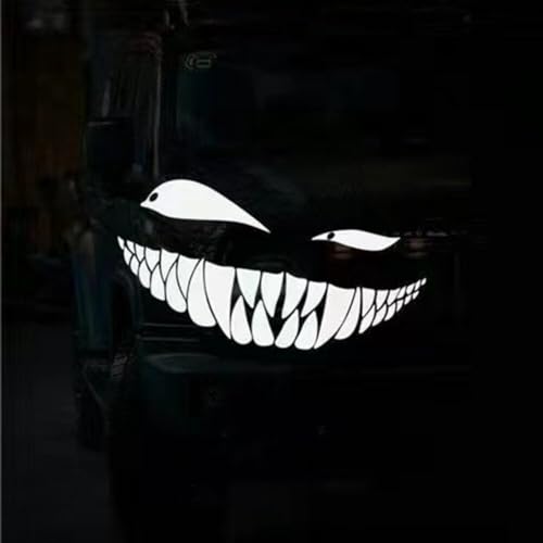 Image of Reflective Sticker for Car Vinyl Racing Oblique Eyes Bad Smile Decal for Golf Cart Off-Road Vehicles Motorcycles Bike Skateboard DIY Decoration, 1Set 6.3in, White